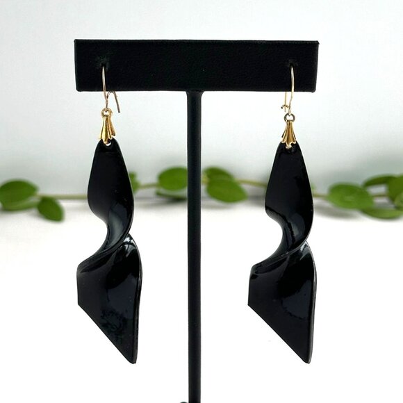Mod Black Lucite Earrings, 14K Gold Hooks - Picture 1 of 8